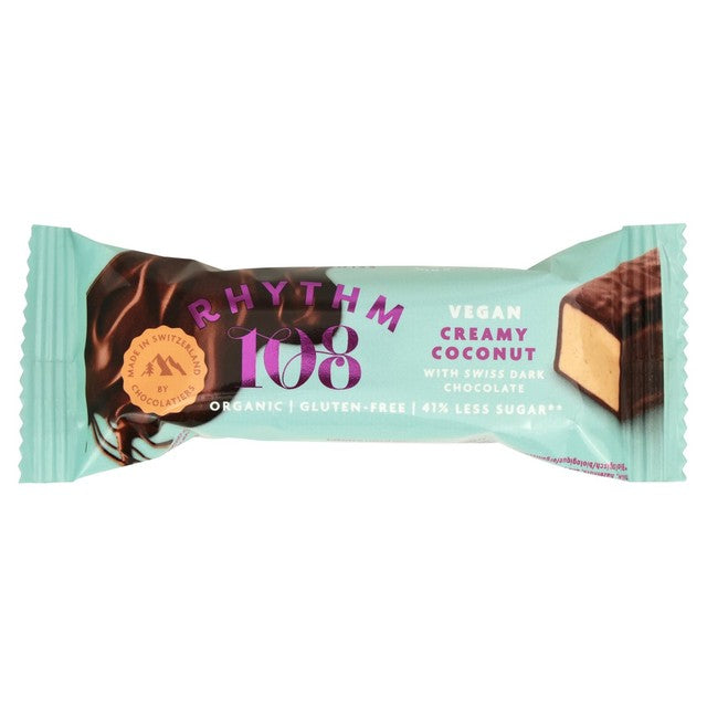 Rhythm 108 organic vegan coconut and dark chocolate bar 33g, imported from the UK