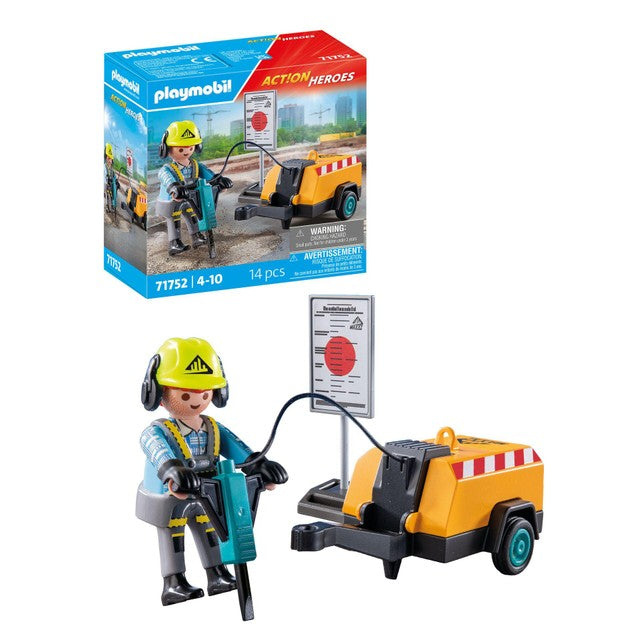 Playmobil construction worker with pneumatic drill toy, imported from the UK