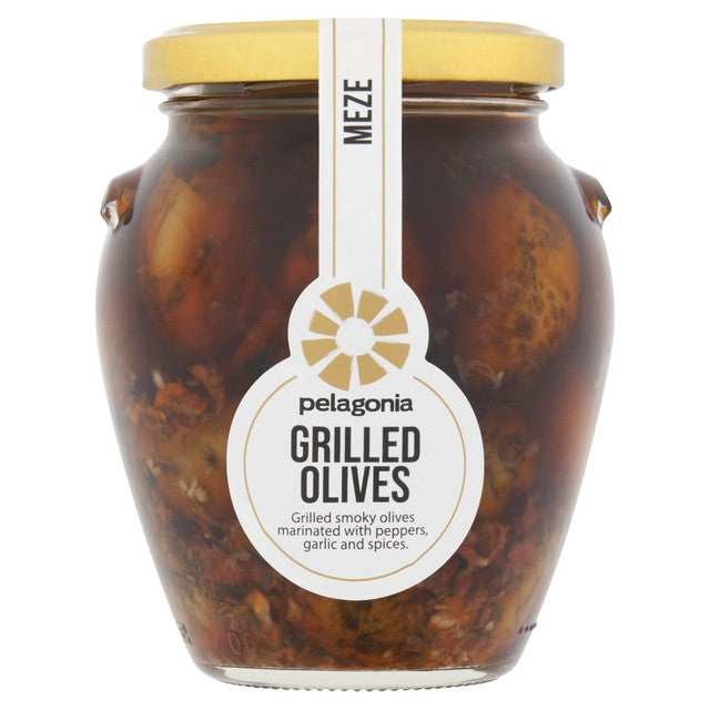 Pelagonia Grilled Olives Pitted Smoky Marinated 300g, imported from the UK