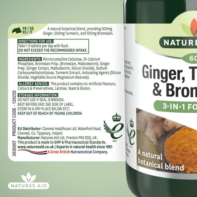Natures Aid Ginger Turmeric Bromelain tablets 60 pack, imported from the UK