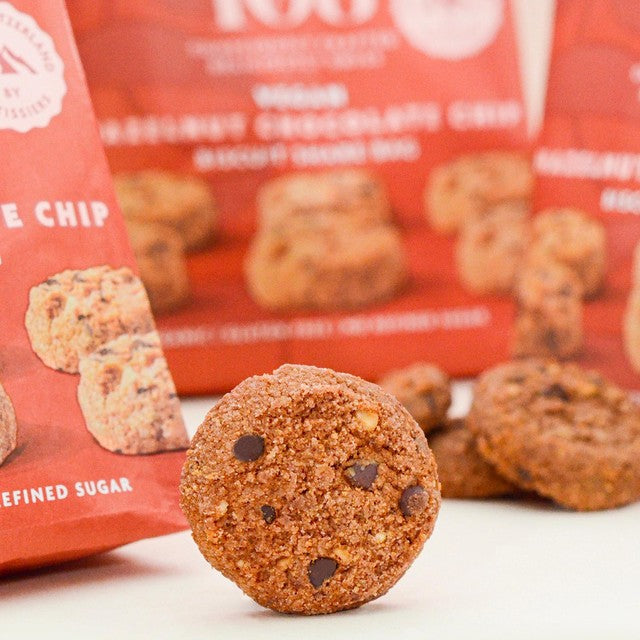 Rhythm 108 vegan hazelnut chocolate chip biscuits 135g, imported from the UK