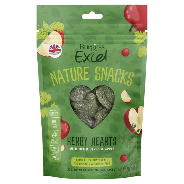 Burgess Excel Herby Hearts rabbit and guinea pig treats 60g - British product