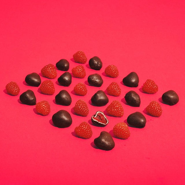 TruFru frozen raspberries in white and dark chocolate (British brand)