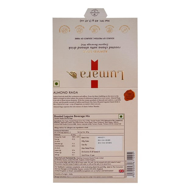Lumara Almond Raga roasted chana sattu almond drink powder 40g, UK version