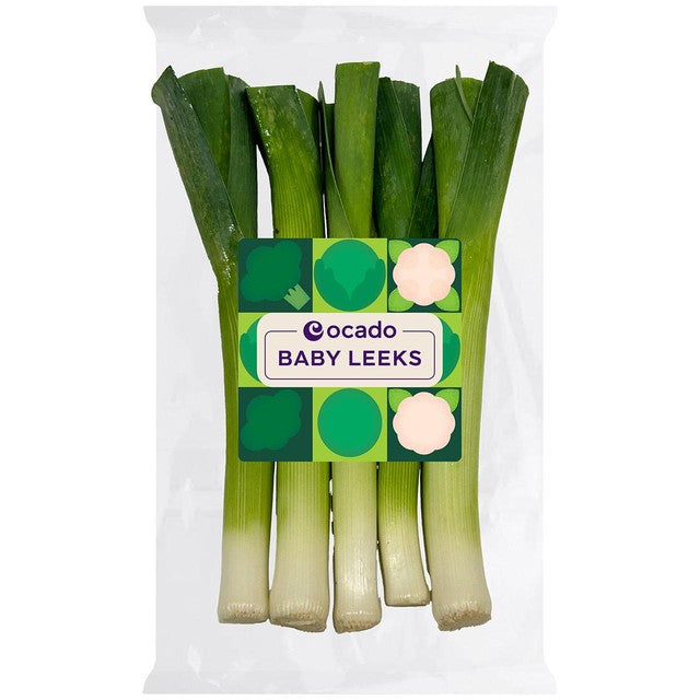 Ocado baby leeks vegetable 150g pack, imported from the UK