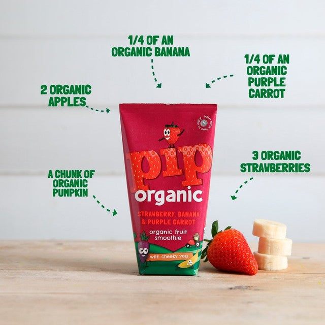 Pip Organic kids smoothie with strawberry, banana, and purple carrot 4 x 180ml, imported from the UK