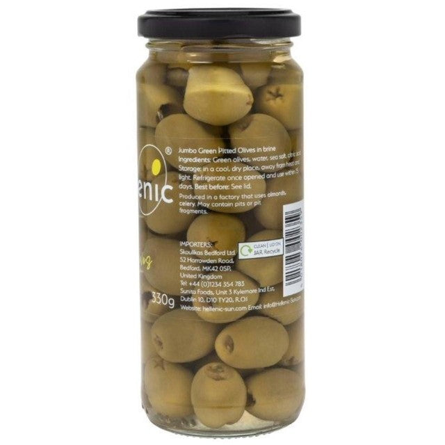 Hellenic Sun pitted jumbo green olives 330g, UK version