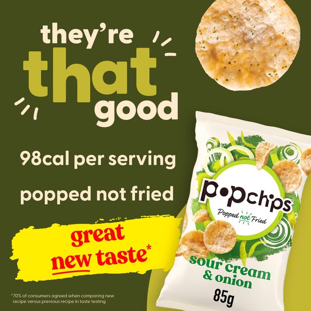 Popchips sour cream and onion sharing crisps 85g, imported from the UK
