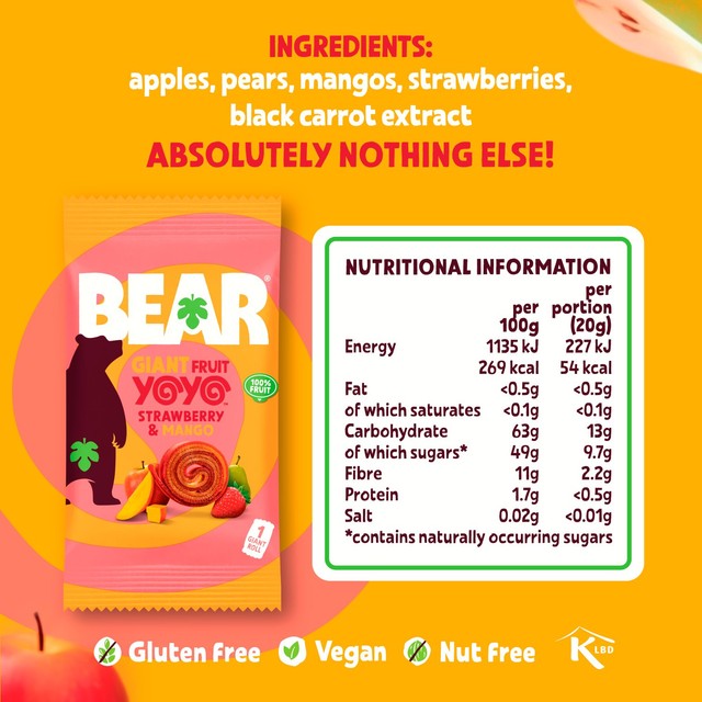 Bear Giant Fruit Yoyos strawberry and mango multipack 5 x 20g - British product