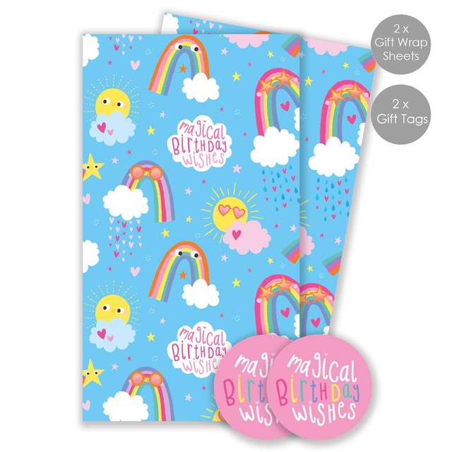Abacus birthday rainbows gift wrap sheets and tags, imported from the UK