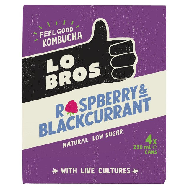 Lo Bros raspberry and blackcurrant kombucha 4x250ml multipack, UK version