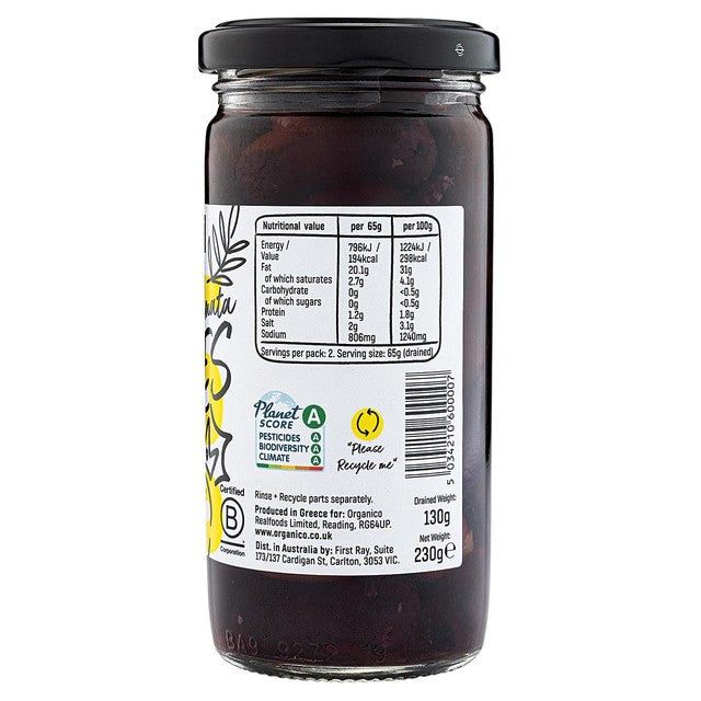 Realfoods by Organico Kalamata pitted olives 230g, imported from the UK