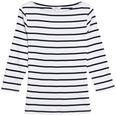 M&S Dame Ren Bomull Slim Fit Topp Mono Stripe Størrelse 14