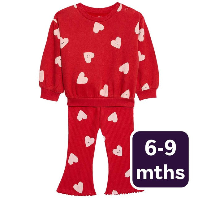 M&S heart sweat baby outfit red 6-9 months, imported from the UK