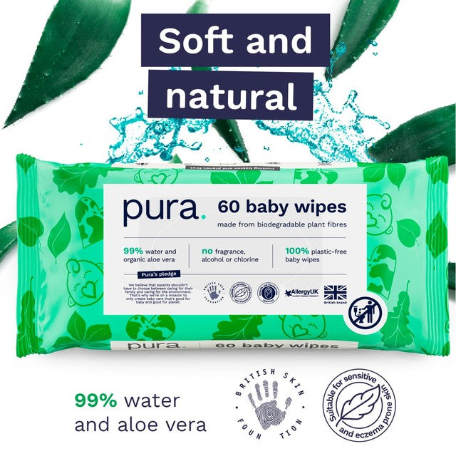 Pura Plastic Free Baby Wipes 3 x60pk, imported from the UK