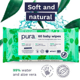 Pura Plastic Free Baby Wipes 3 x60pk, imported from the UK