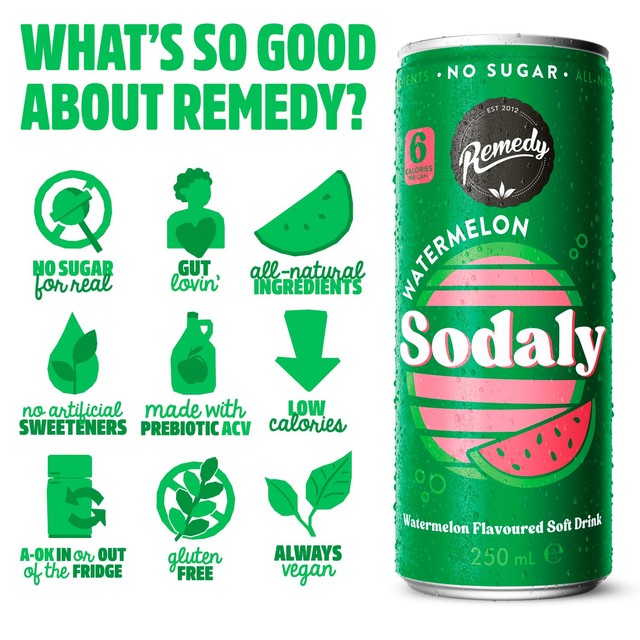 Remedy Sodaly Watermelon soft drink, imported from the UK