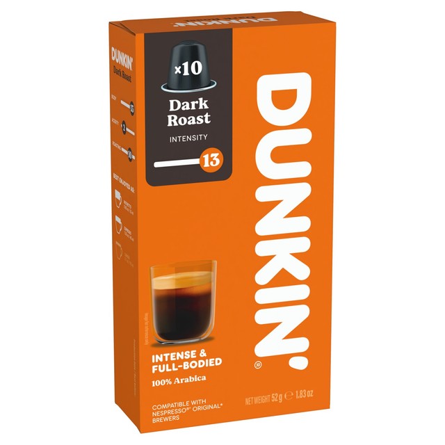 Dunkin Dark Roast Nespresso compatible coffee pods, imported from the UK