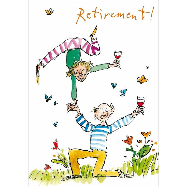 Woodmansterne retirement card with acrobatic couple illustration, 13cm x 18cm, imported from the UK