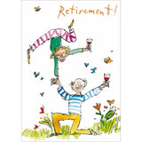 Woodmansterne retirement card with acrobatic couple illustration, 13cm x 18cm, imported from the UK