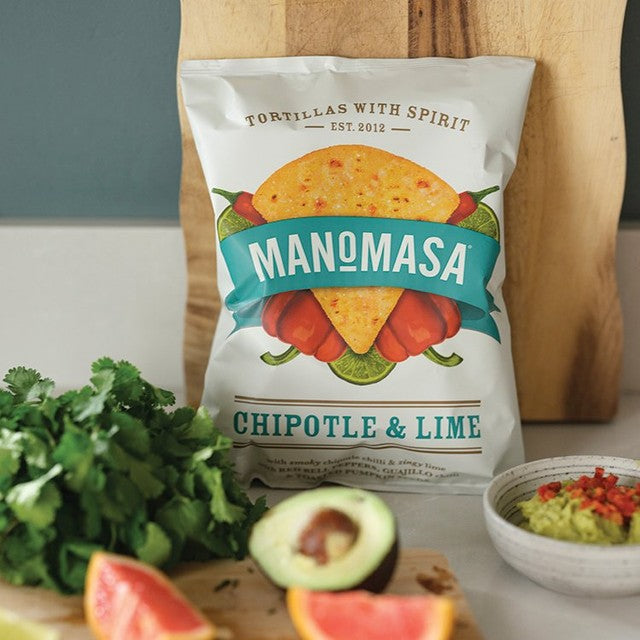 Manomasa Chipotle & Lime tortilla chips 140g, imported from the UK