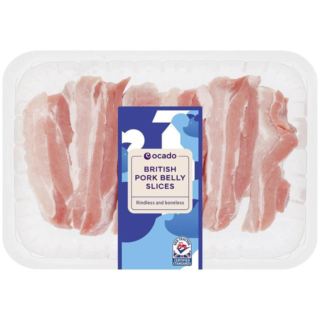 Ocado British pork belly slices rindless and boneless 500g, imported from the UK