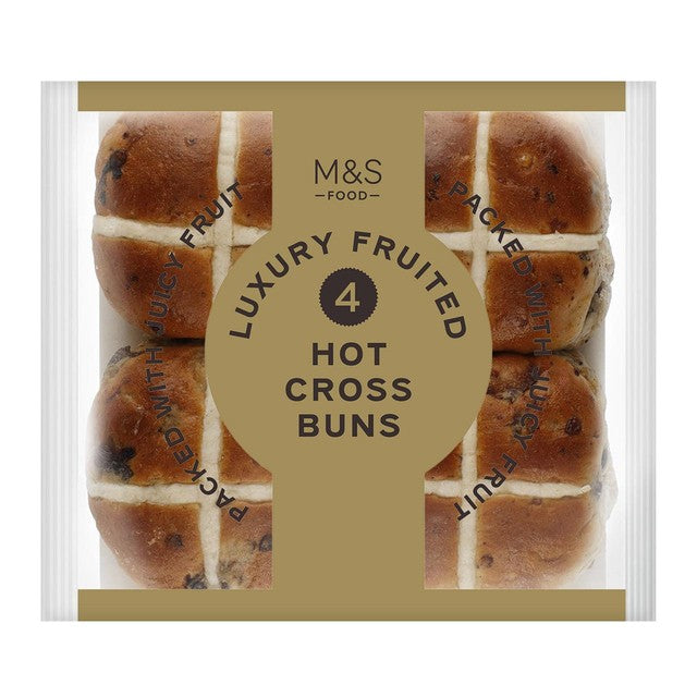 M&S luxury fruited hot cross buns 4 pack, imported from the UK