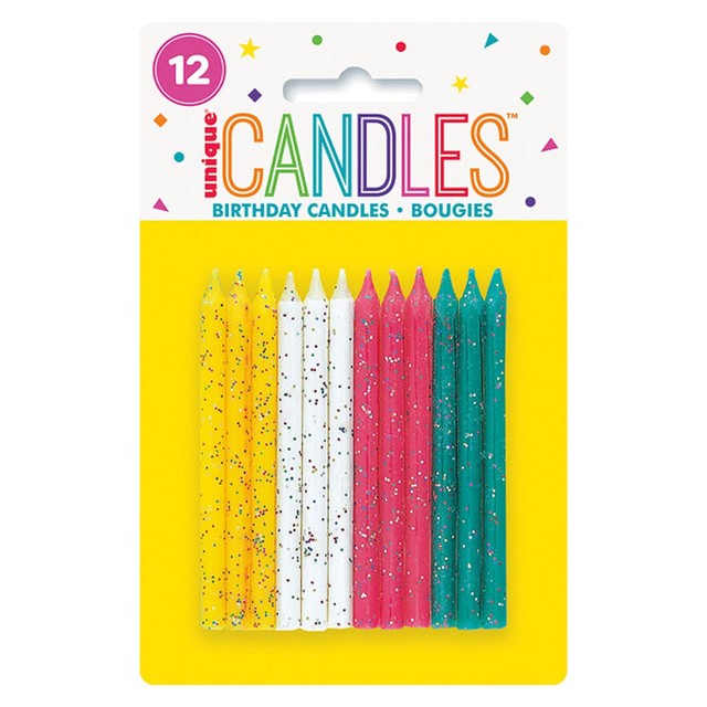 Unique Party assorted glitter birthday candles pack of 12 7.5cm, UK version