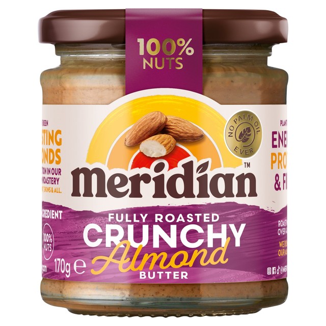 Jar of Meridian crunchy almond butter made from 100% nuts, imported from the UK