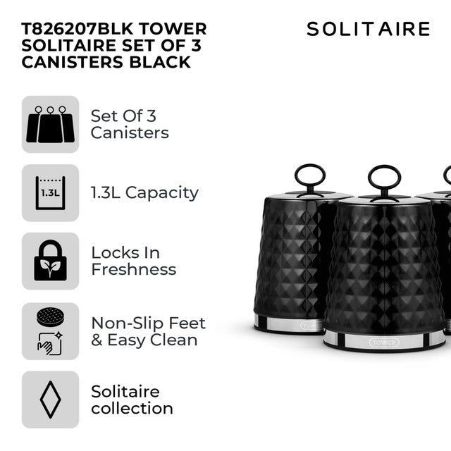 Tower Solitaire black canisters set of 3 (British brand)