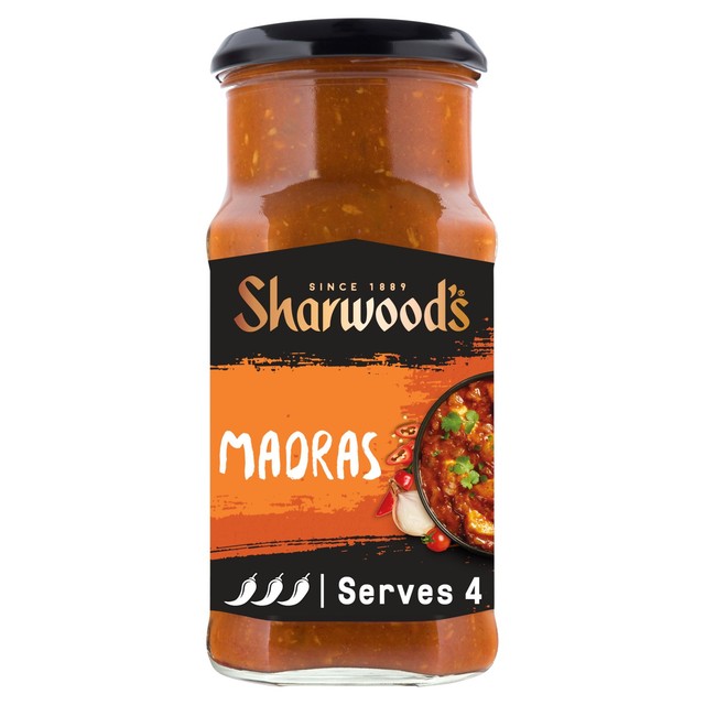 Sharwood's Madras cooking sauce jar, imported from the UK