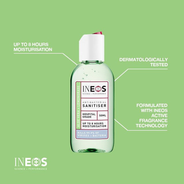 INEOS hand sanitiser gel Aloe & Lemongrass 50ml, UK version