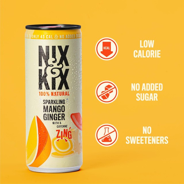 Nix & Kix lightly sparkling mango ginger cayenne drink in a can, imported from the UK