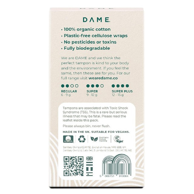DAME Organic Cotton Tampons Regular 16 pack - British product
