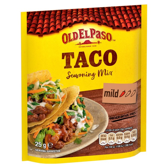 Old El Paso Garlic & Paprika Taco Seasoning Mix 25g, imported from the UK