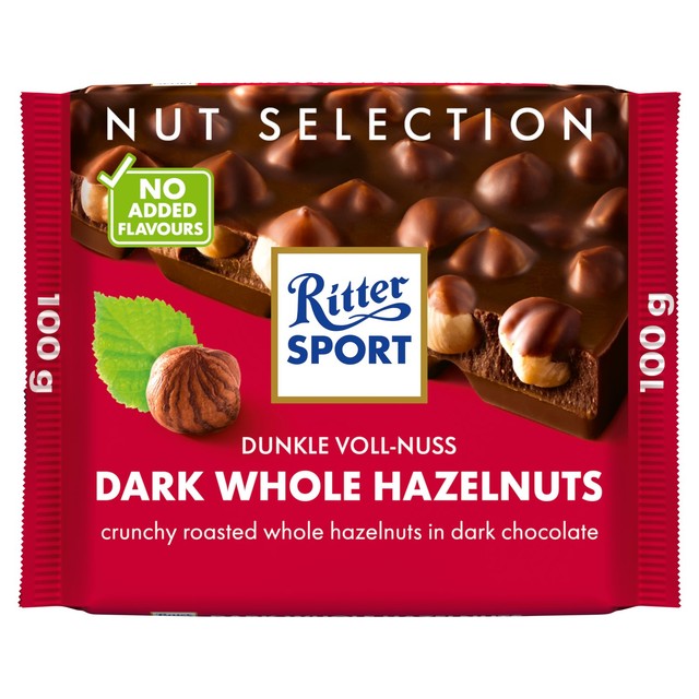 Ritter Sport dark chocolate bar with whole hazelnuts 100g, imported from the UK