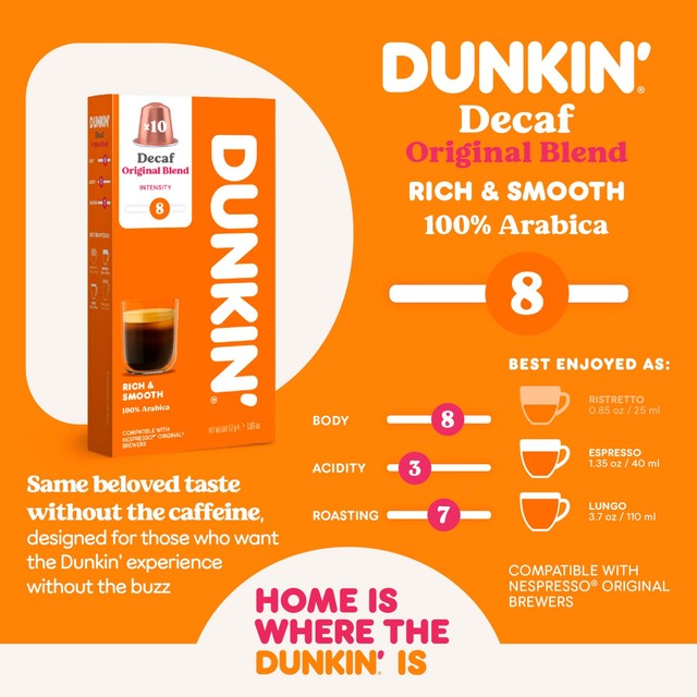 Dunkin decaffeinated coffee pods Nespresso compatible - British product