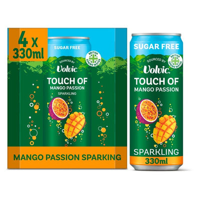 M&S Volvic Touch of Mango Pasjonsfrukt Sukkerfri Kullsyreholdig Smaksatt Vann 4 x 330ml - Kjøp online på McGrocer