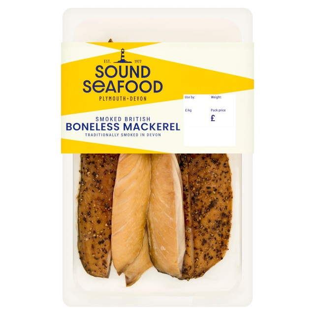 Sound Seafood plain and peppered smoked mackerel fillet strips 180g (British brand)