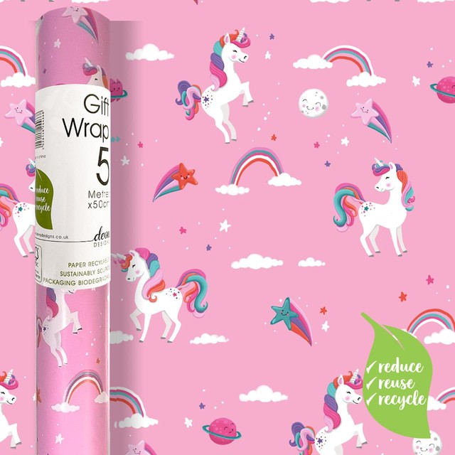 Deva Designs Pink Unicorn wrapping paper 5m length, imported from the UK