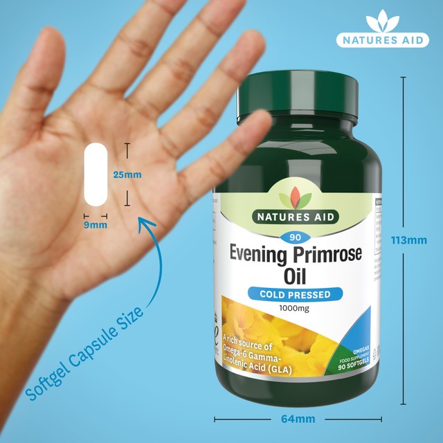 Natures Aid Evening Primrose Oil soft gel capsules 90 count, imported from the UK