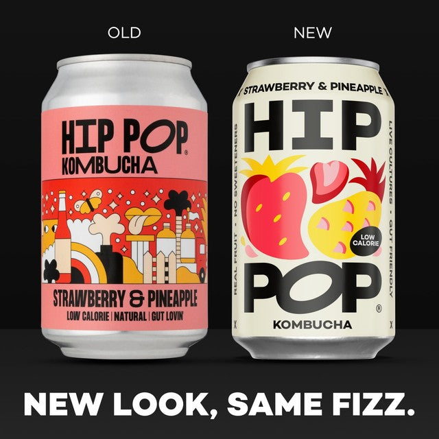 Hip Pop strawberry and pineapple kombucha 4 x 330ml, UK version