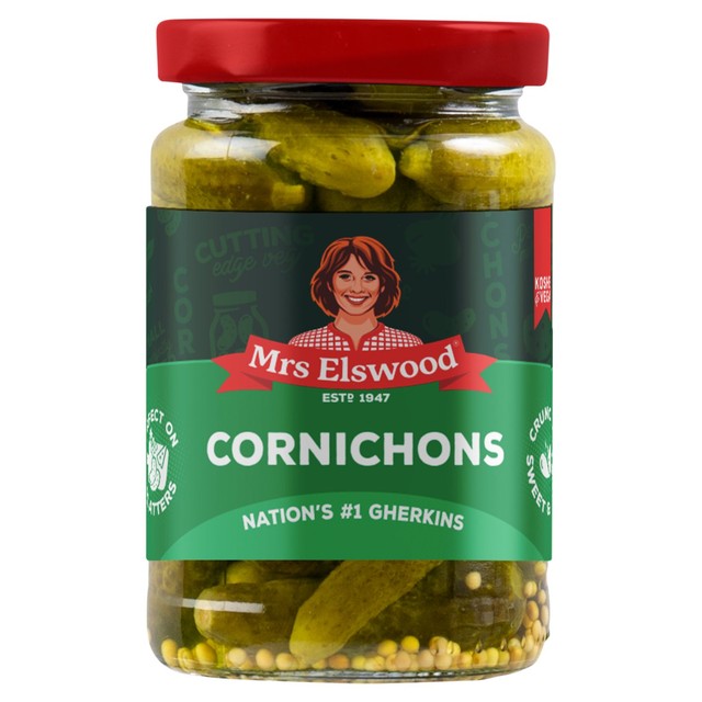 Mrs Elswood cornichons 215g, imported from the UK