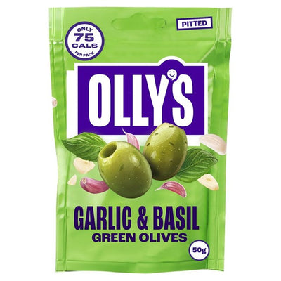 M&S Olly's Olives Basil & Garlic Green Halkidiki Pitted Olives 50g- Buy online at McGrocer