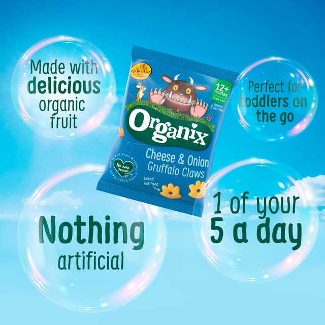 Organix Gruffalo Claws Cheese Onion 4x15g, imported from the UK
