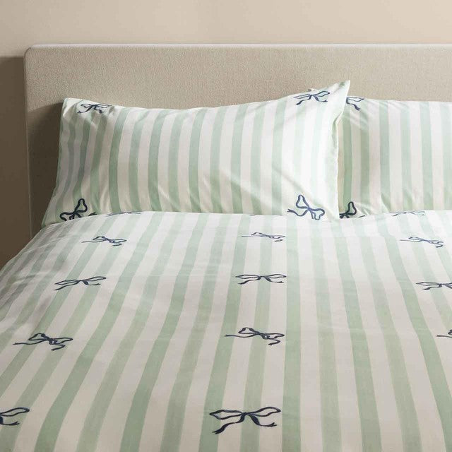 M&S bow striped green bedding set double - British product