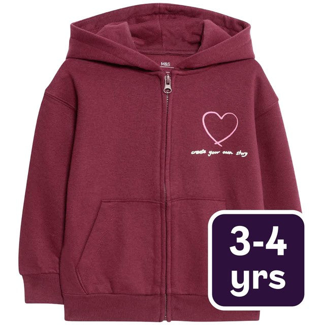 M&S Heart Zip Through Hoodie Claret 3-4 Years, imported from the UK