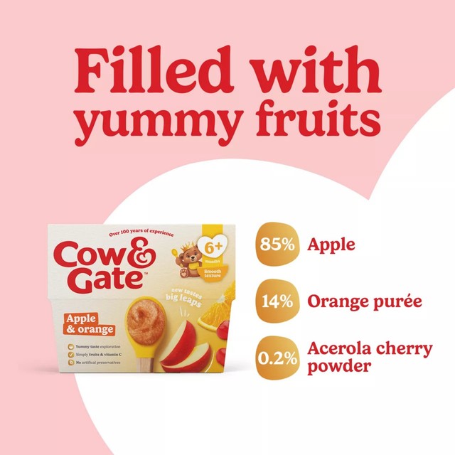 Cow & Gate apple orange acerola baby food fruit pot 4 x 100g - British product