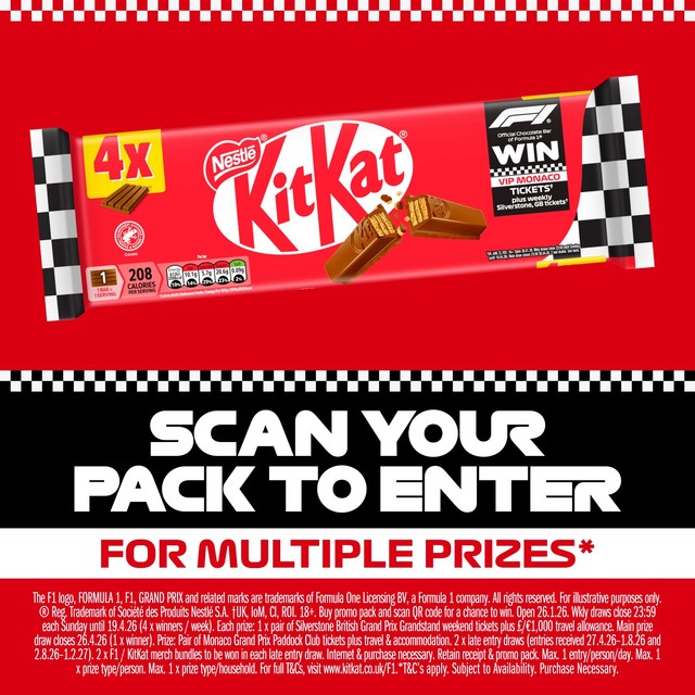 KitKat 4 finger milk chocolate biscuit bar multipack 4x41.5g, UK version