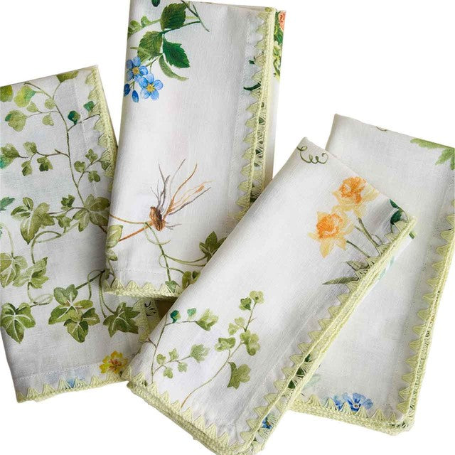 M&S cotton linen floral napkin set green, UK version